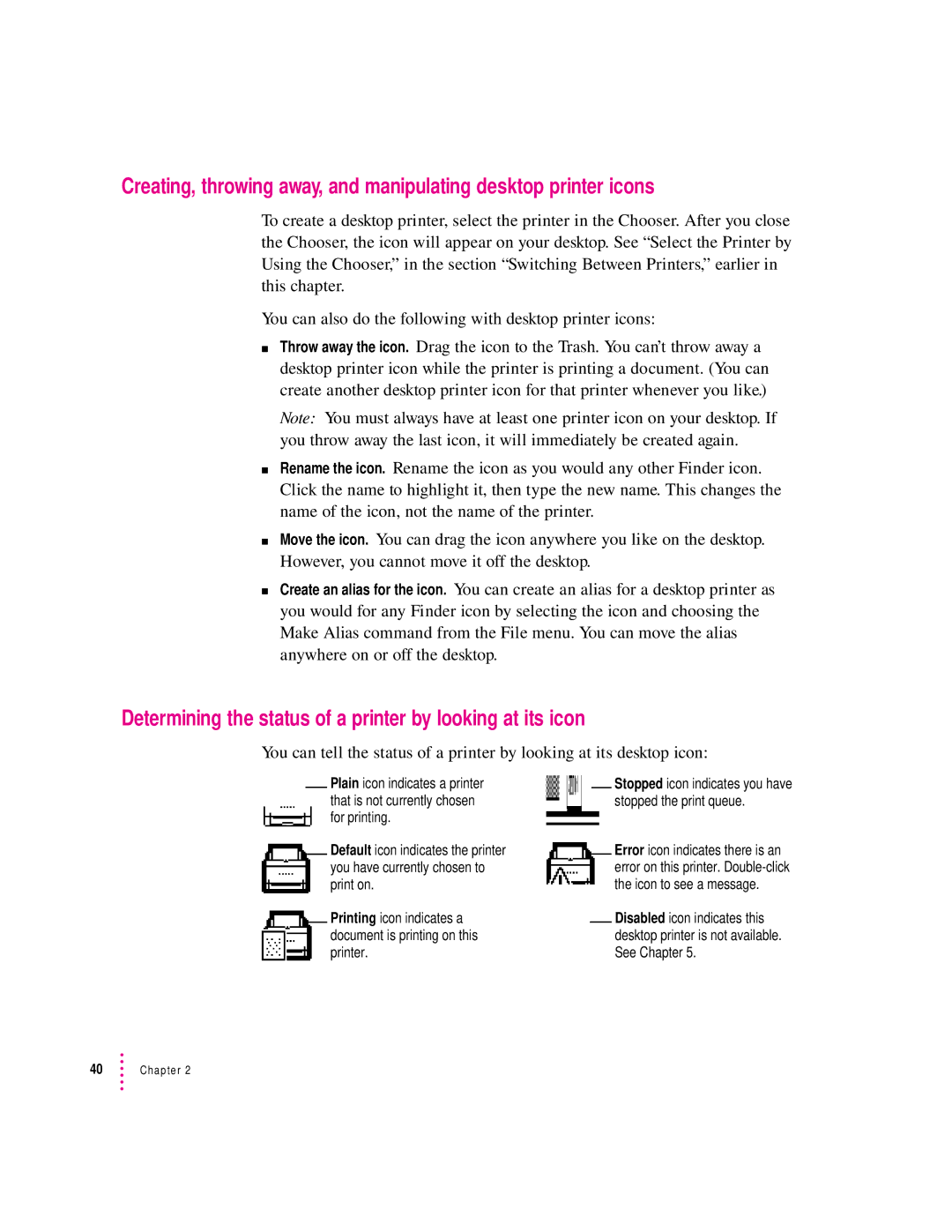 Apple 2500 manual Determining the status of a printer by looking at its icon 