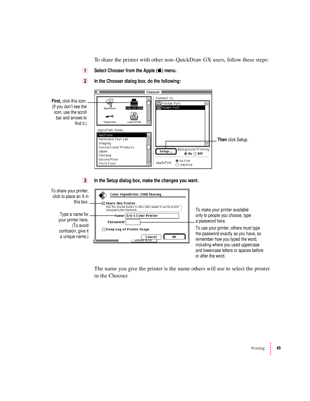 Apple 2500 manual Setup dialog box, make the changes you want 