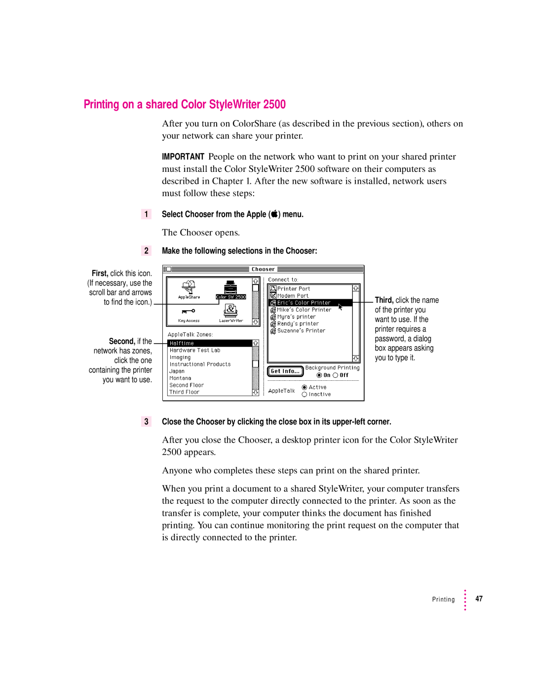 Apple 2500 manual Printing on a shared Color StyleWriter, Make the following selections in the Chooser 