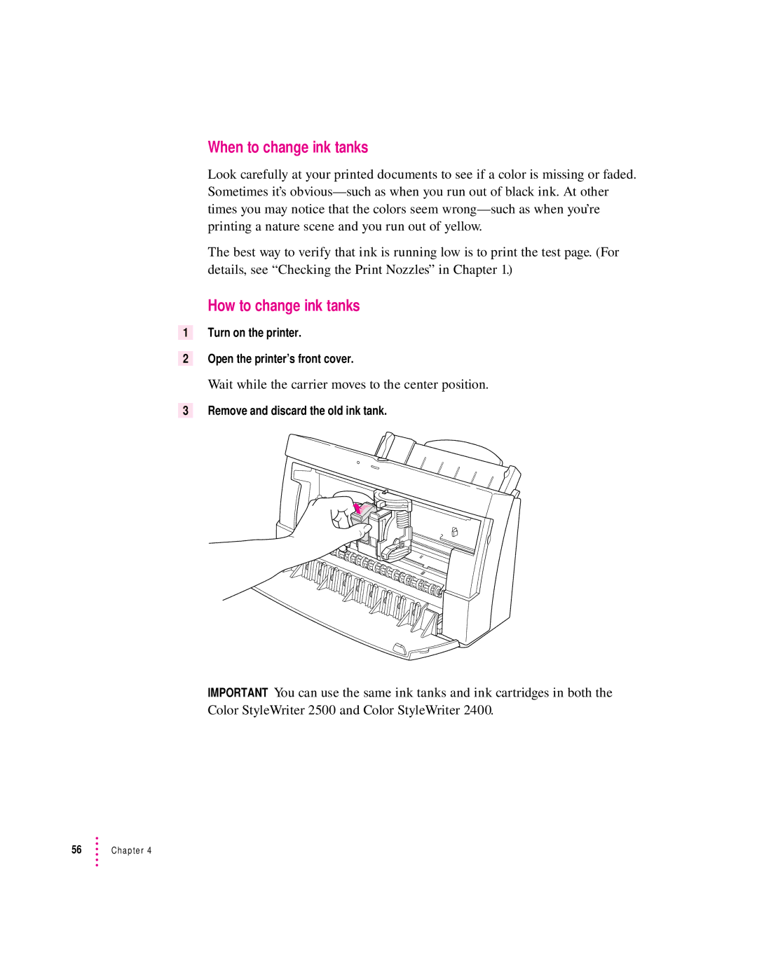 Apple 2500 manual When to change ink tanks, How to change ink tanks 