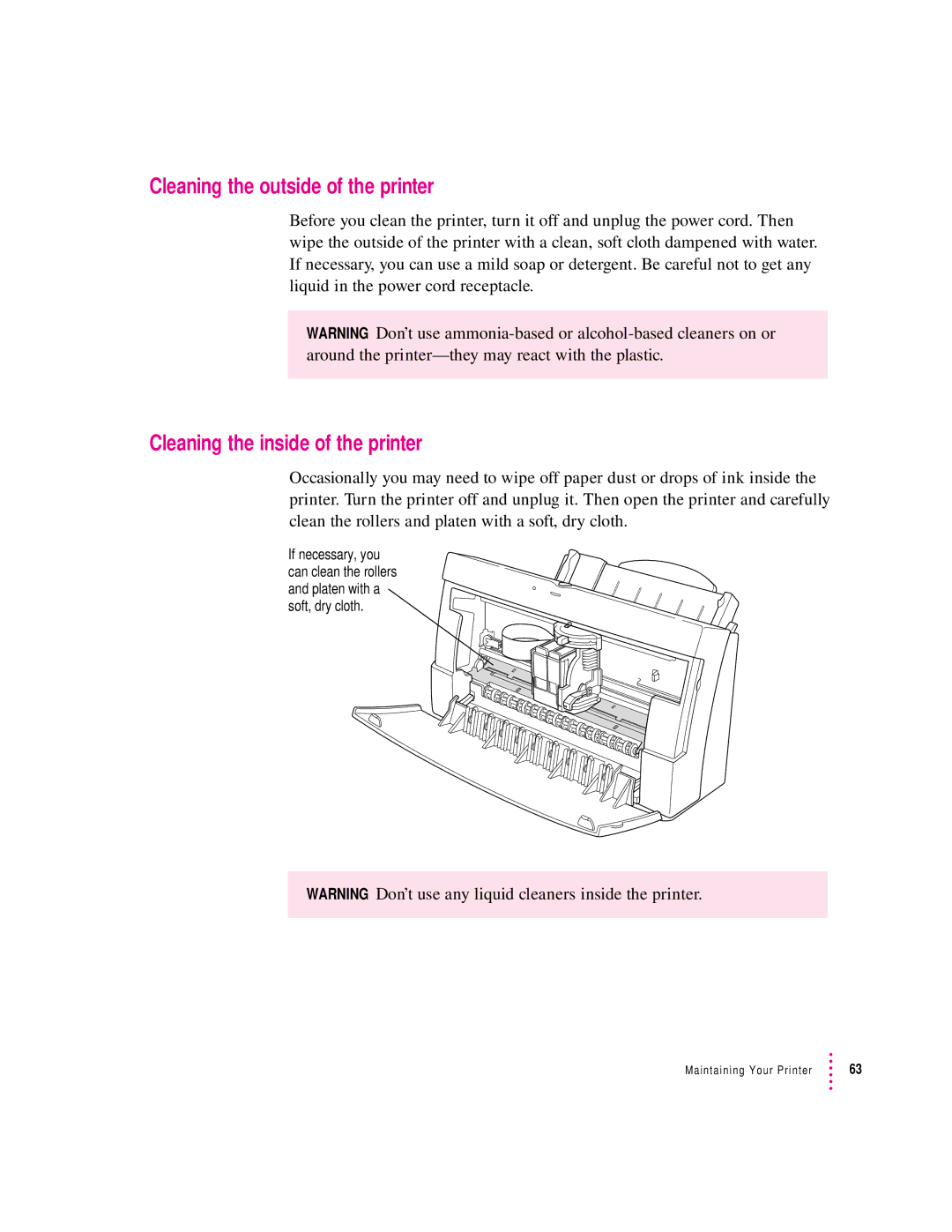 Apple 2500 manual Cleaning the outside of the printer, Cleaning the inside of the printer 