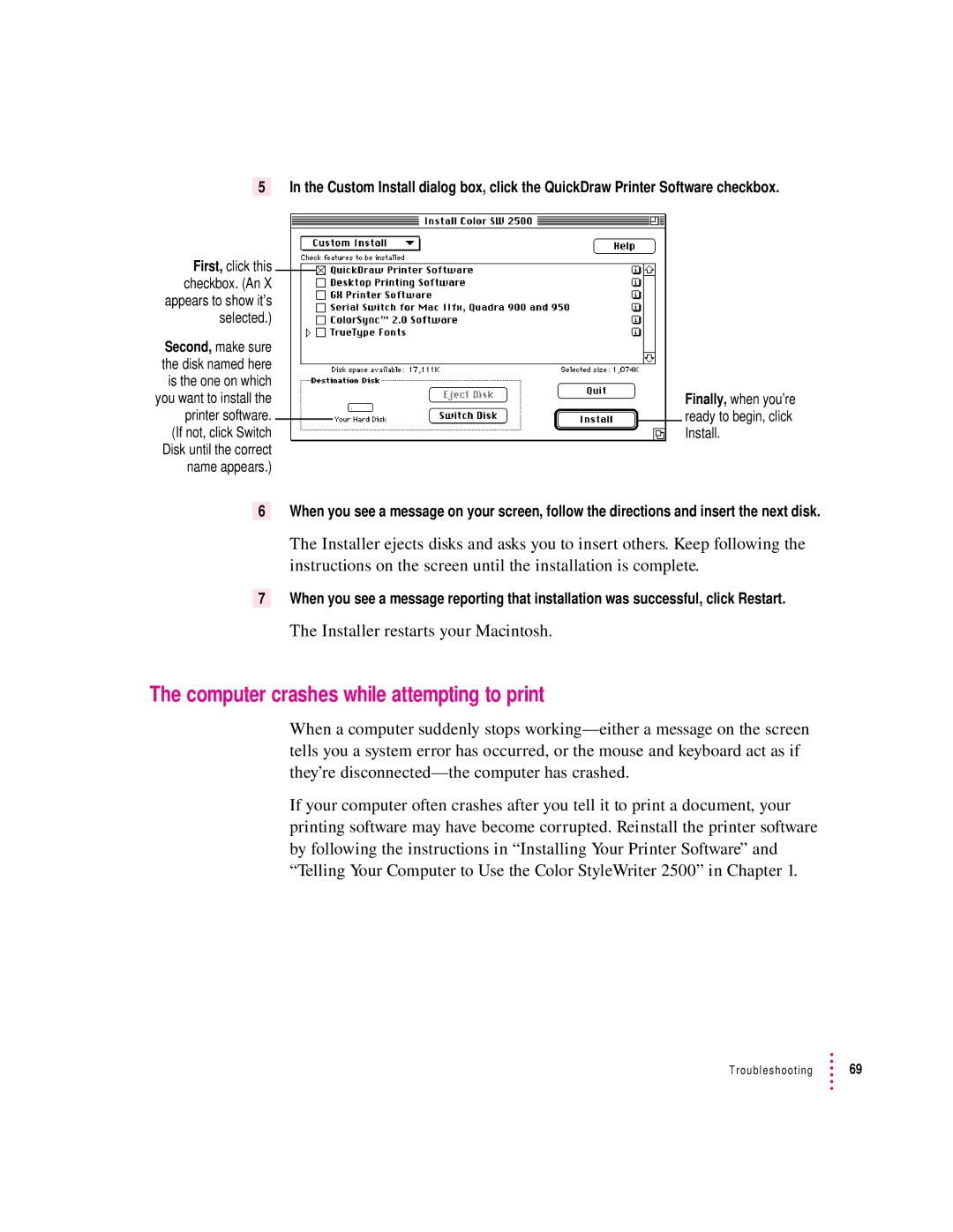Apple 2500 manual Computer crashes while attempting to print, Installer restarts your Macintosh 