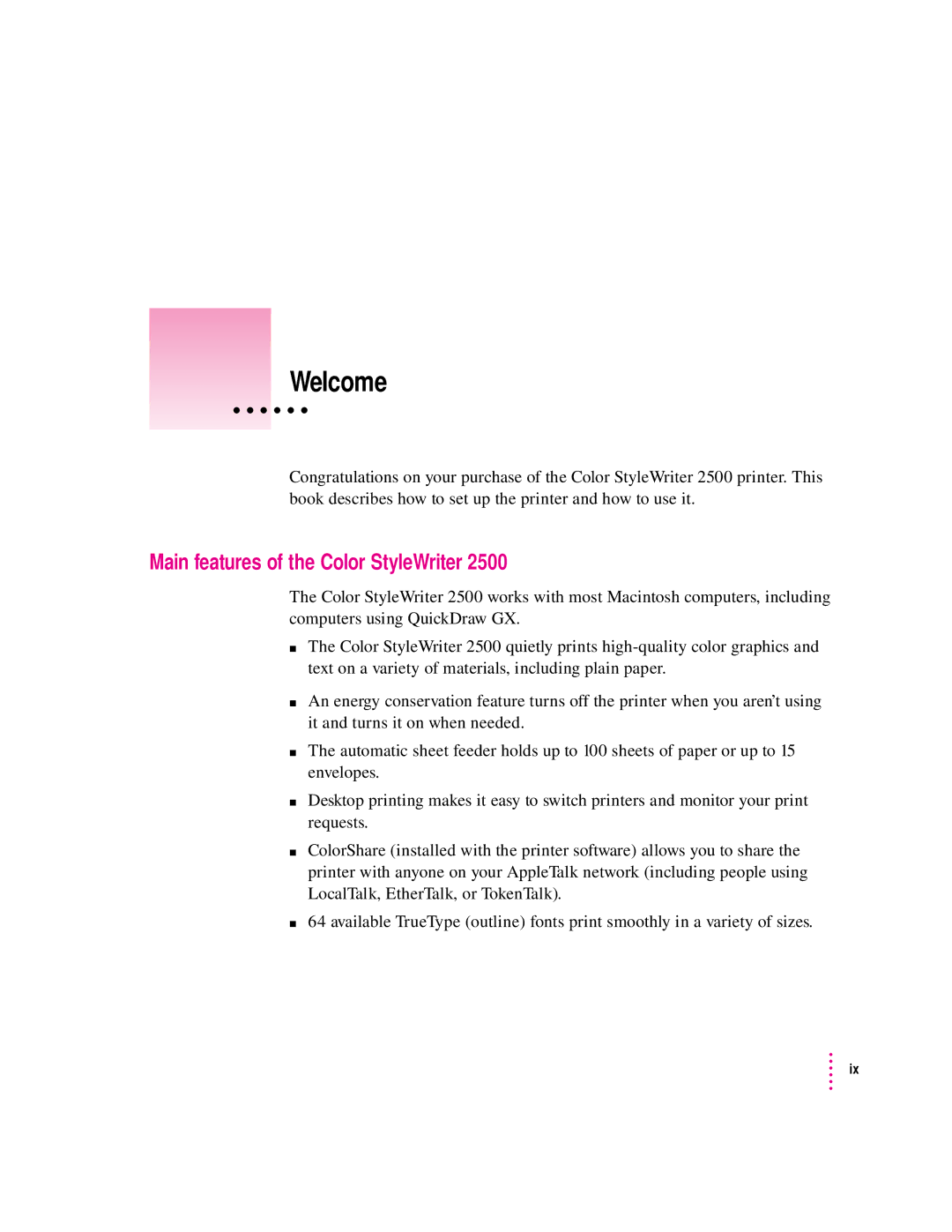 Apple 2500 manual Welcome, Main features of the Color StyleWriter 