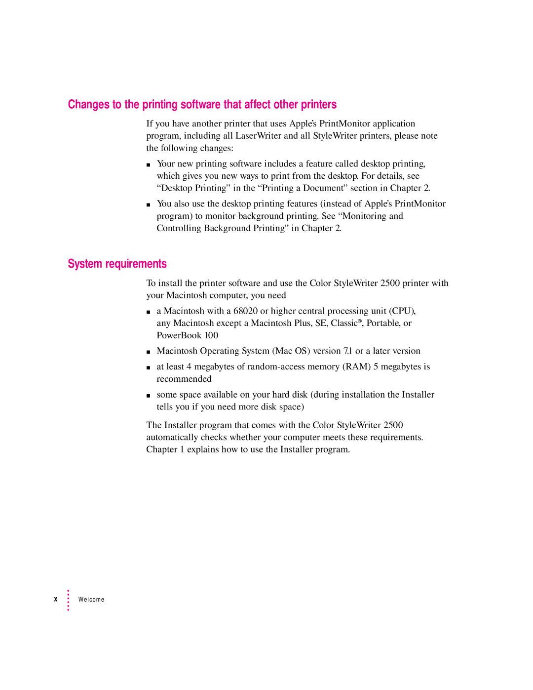 Apple 2500 manual Changes to the printing software that affect other printers, System requirements 