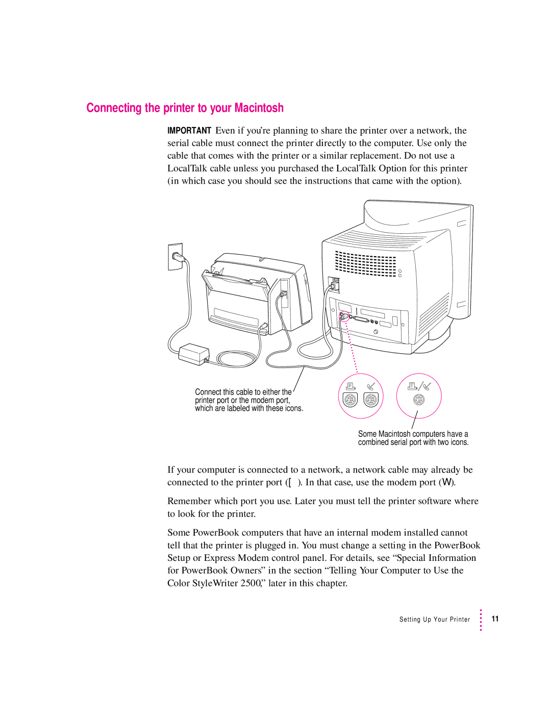 Apple 2500 important safety instructions Connecting the printer to your Macintosh 