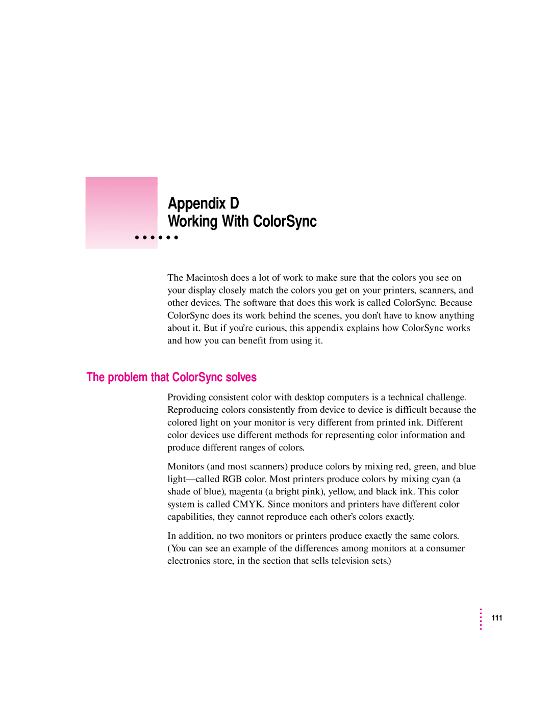 Apple 2500 important safety instructions Appendix D Working With ColorSync, Problem that ColorSync solves 