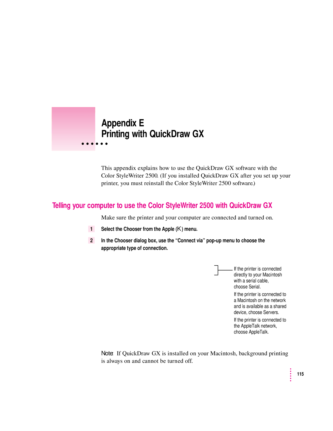 Apple 2500 important safety instructions Appendix E Printing with QuickDraw GX 