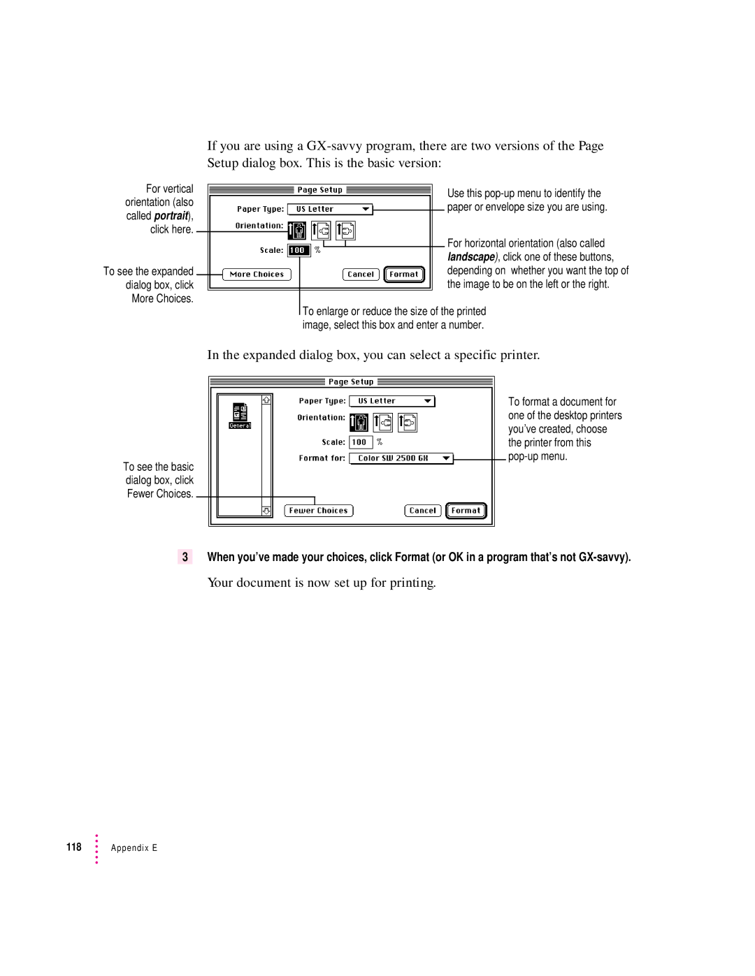 Apple 2500 Expanded dialog box, you can select a specific printer, Your document is now set up for printing 