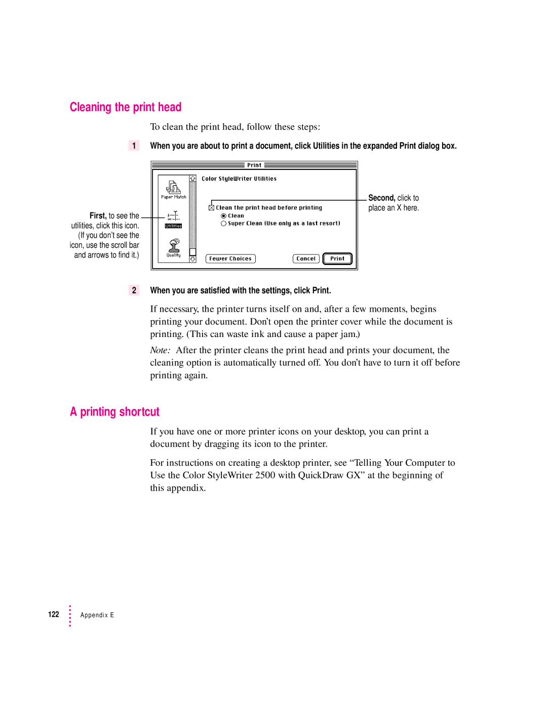 Apple 2500 important safety instructions Cleaning the print head, Printing shortcut 