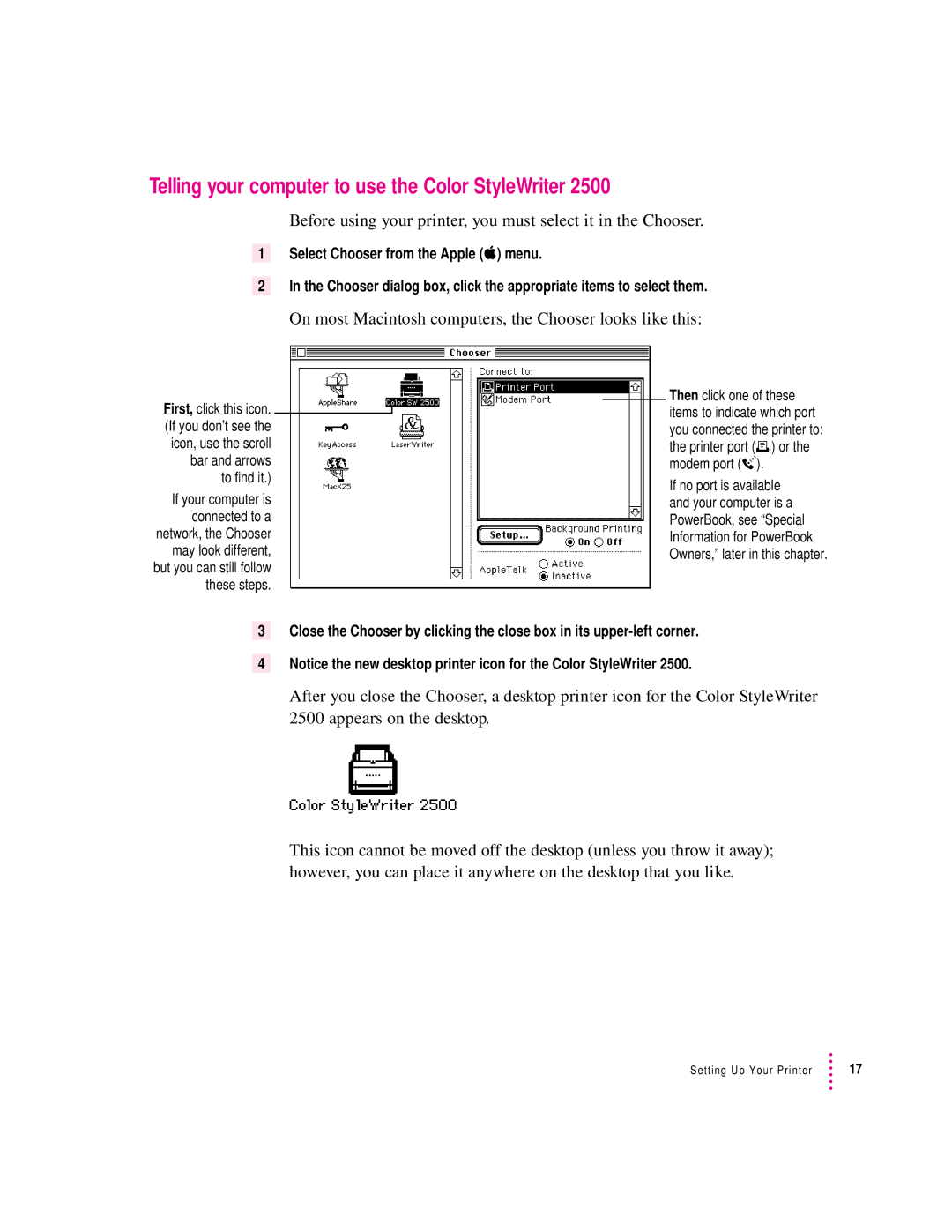 Apple 2500 Telling your computer to use the Color StyleWriter, On most Macintosh computers, the Chooser looks like this 