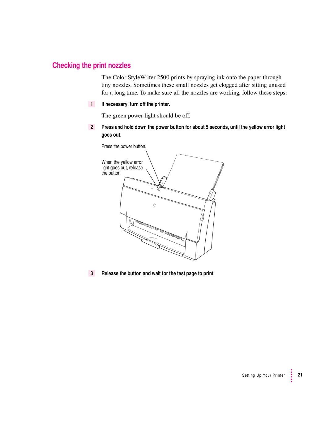 Apple 2500 important safety instructions Checking the print nozzles, Green power light should be off 