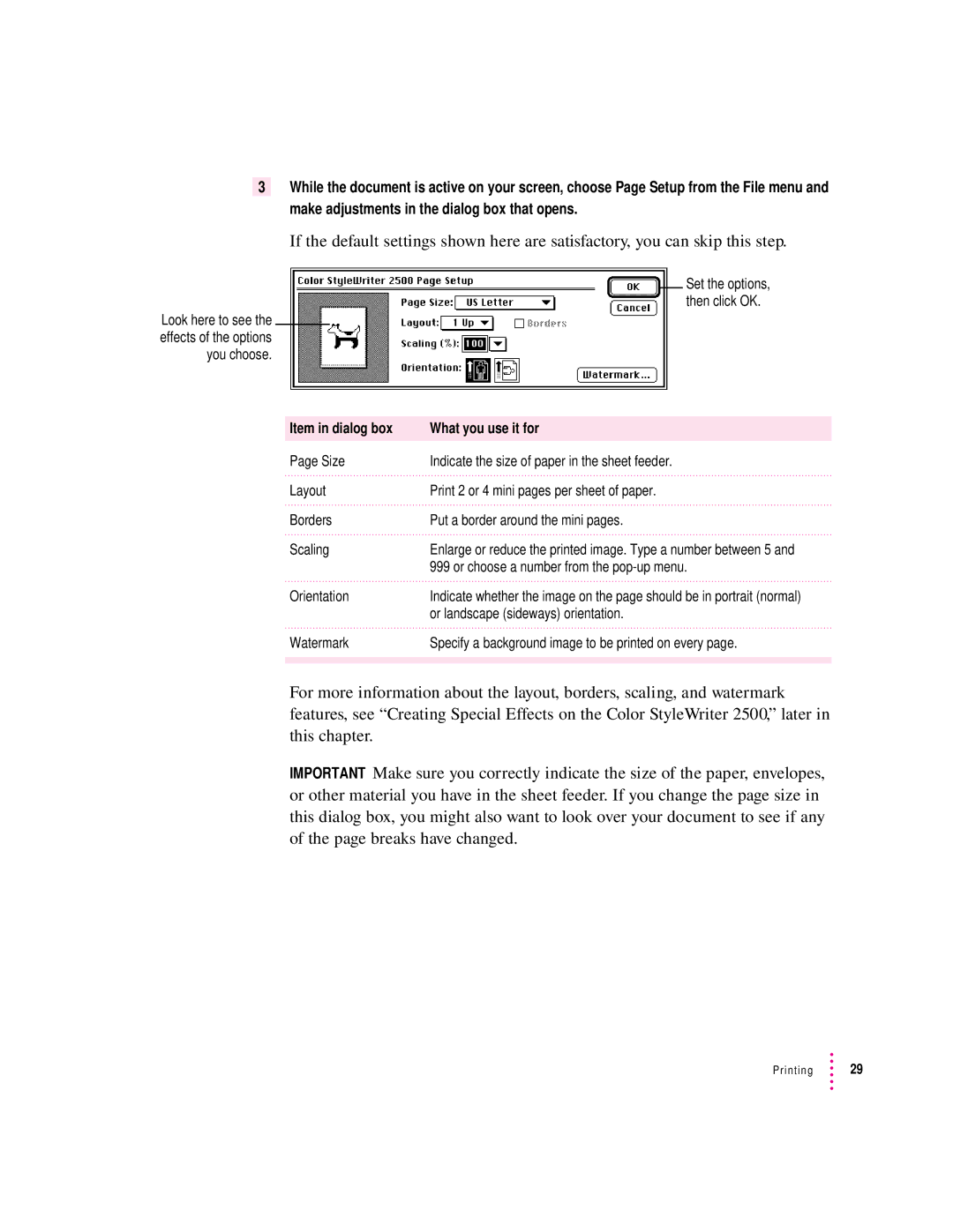 Apple 2500 important safety instructions Item in dialog box What you use it for 