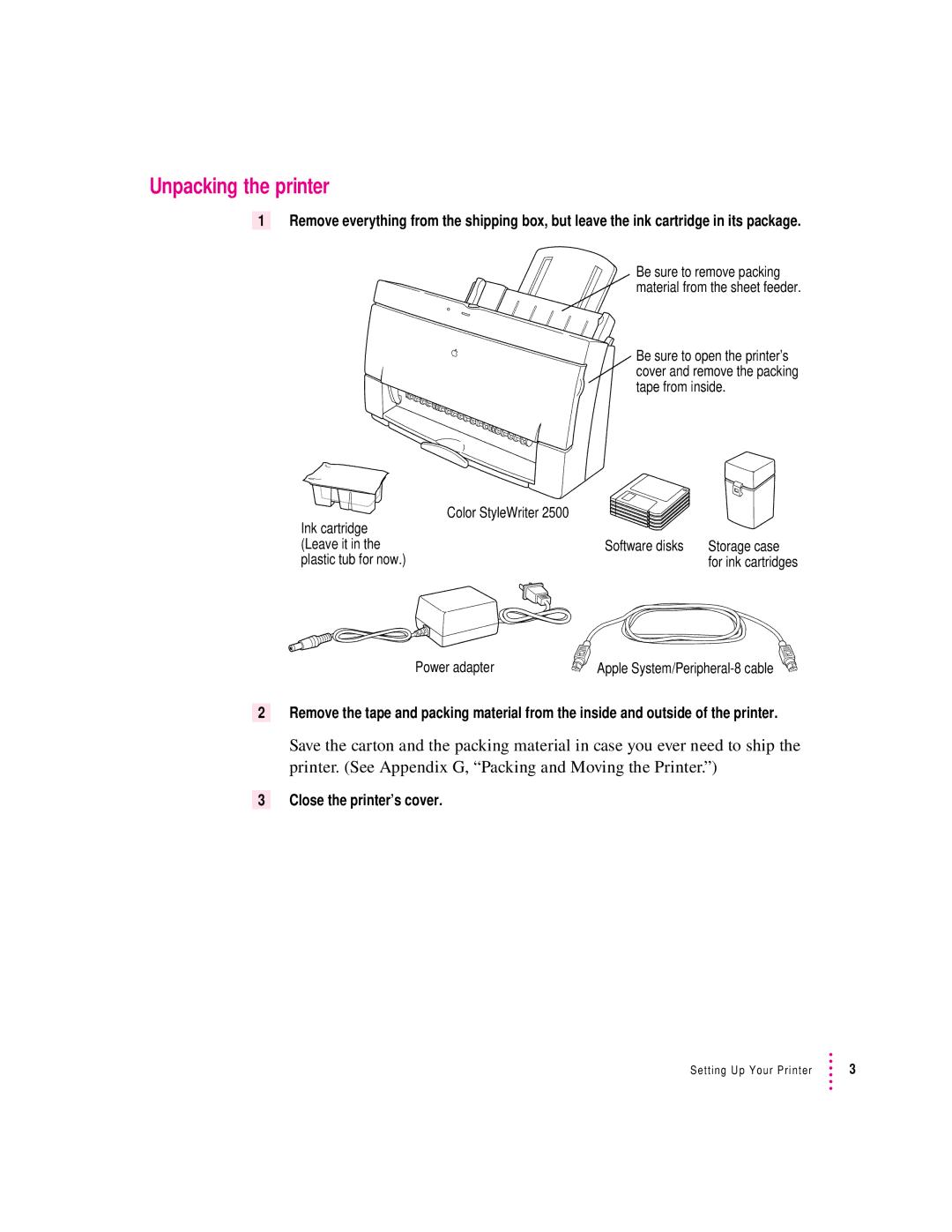 Apple 2500 important safety instructions Unpacking the printer 