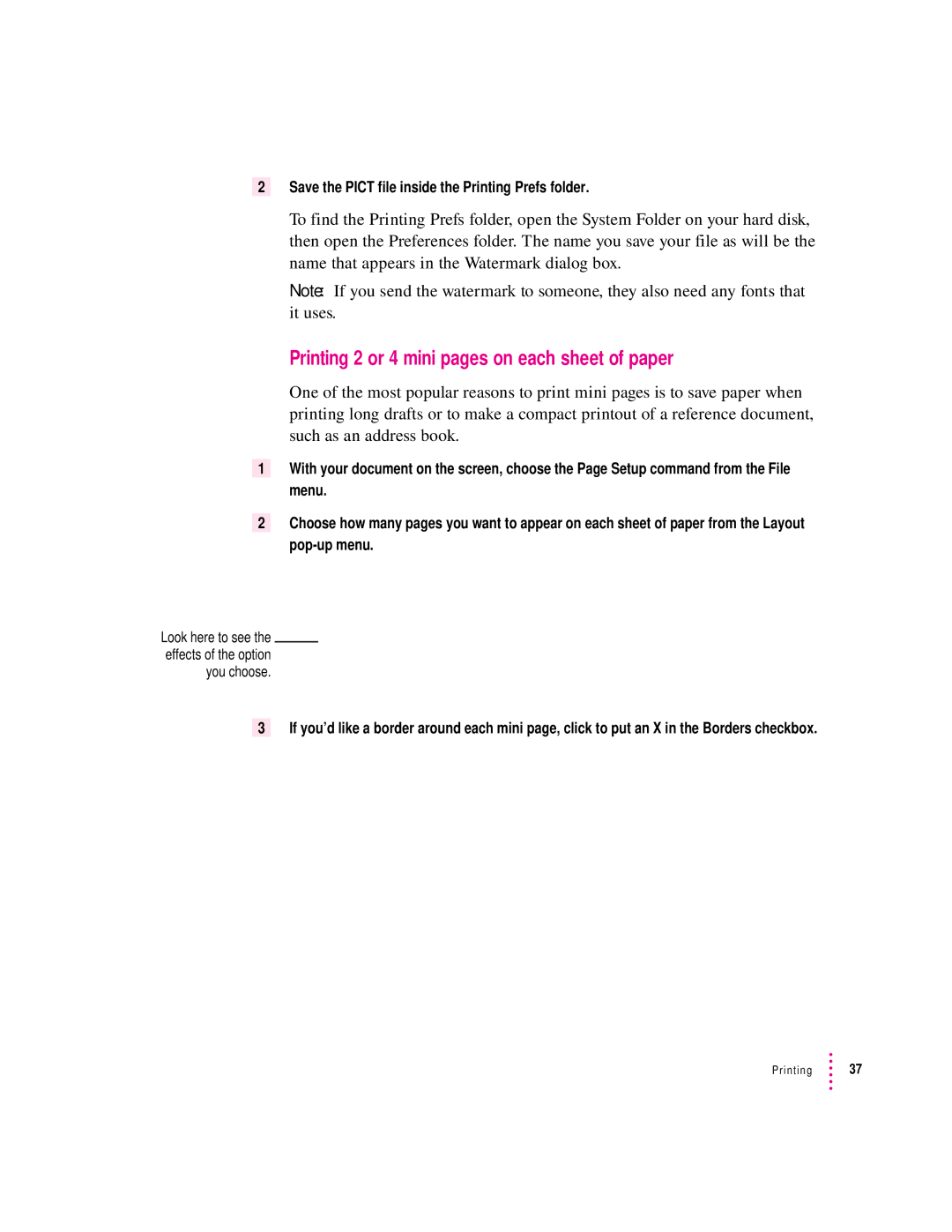 Apple 2500 important safety instructions Printing 2 or 4 mini pages on each sheet of paper 