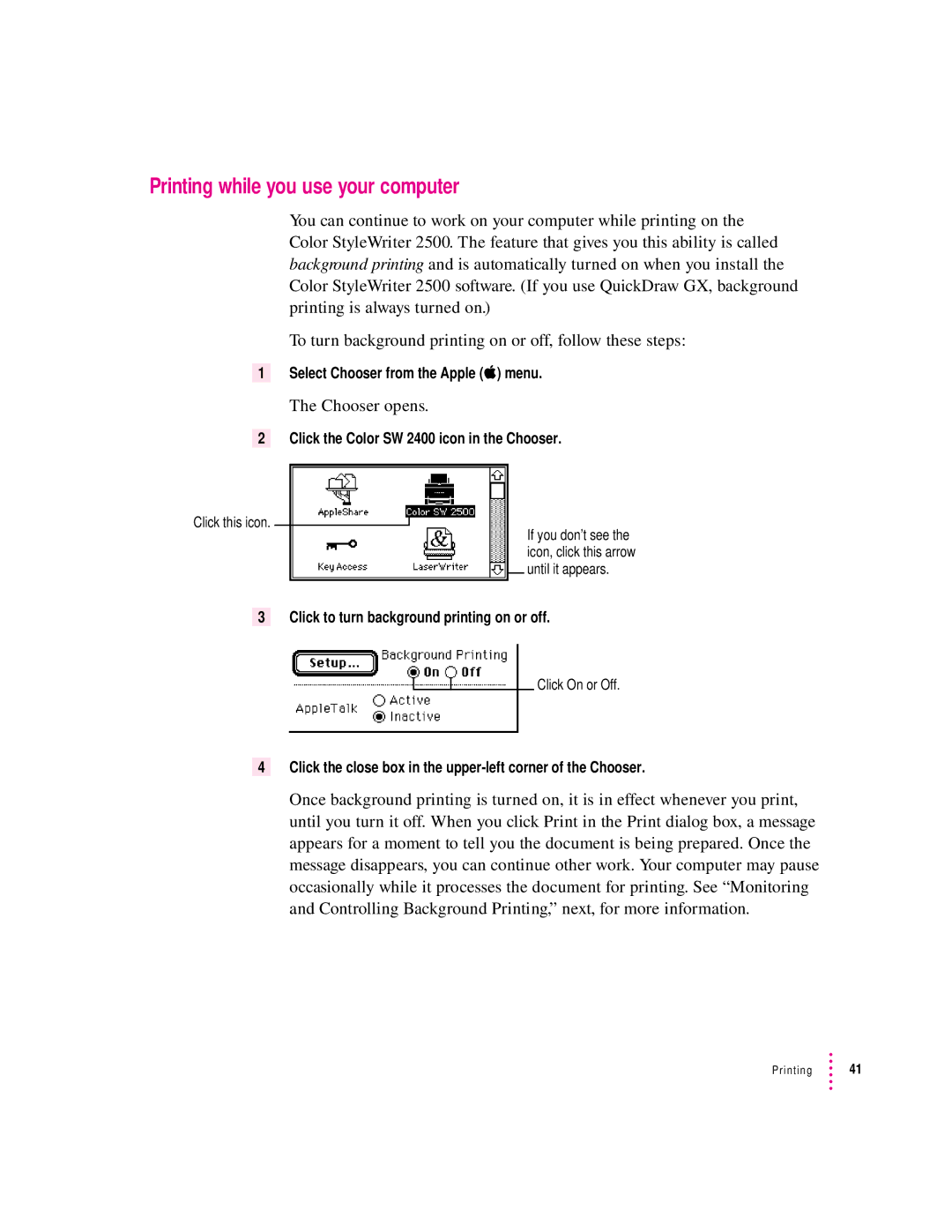 Apple 2500 important safety instructions Printing while you use your computer, Chooser opens 