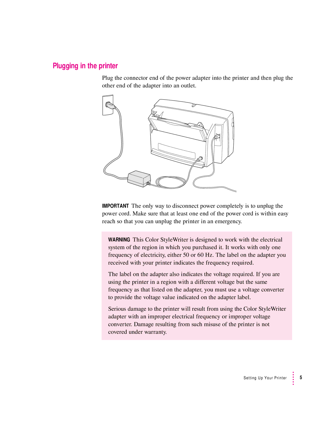 Apple 2500 important safety instructions Plugging in the printer 