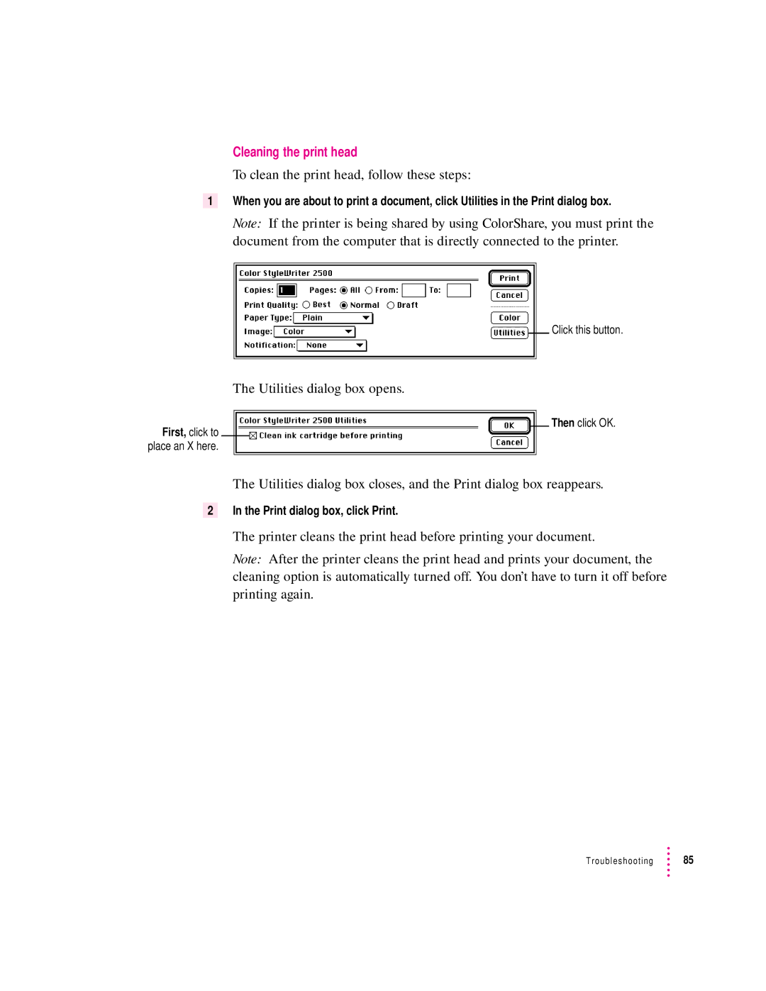 Apple 2500 important safety instructions To clean the print head, follow these steps, Utilities dialog box opens 