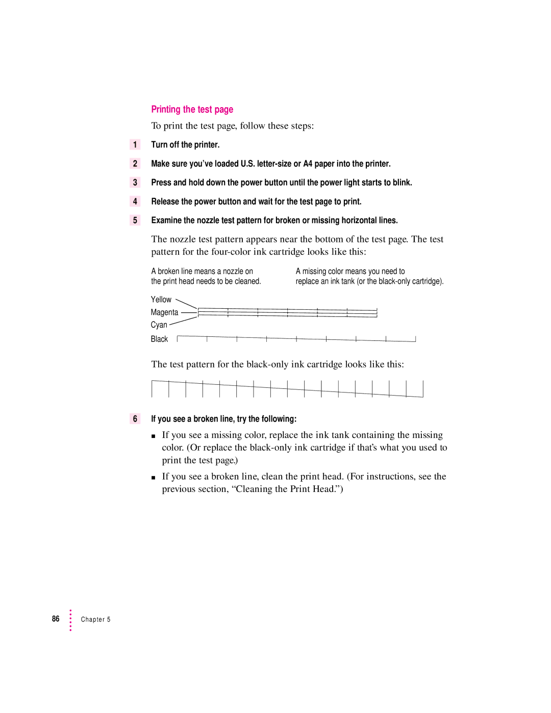 Apple 2500 important safety instructions Printing the test, To print the test page, follow these steps 