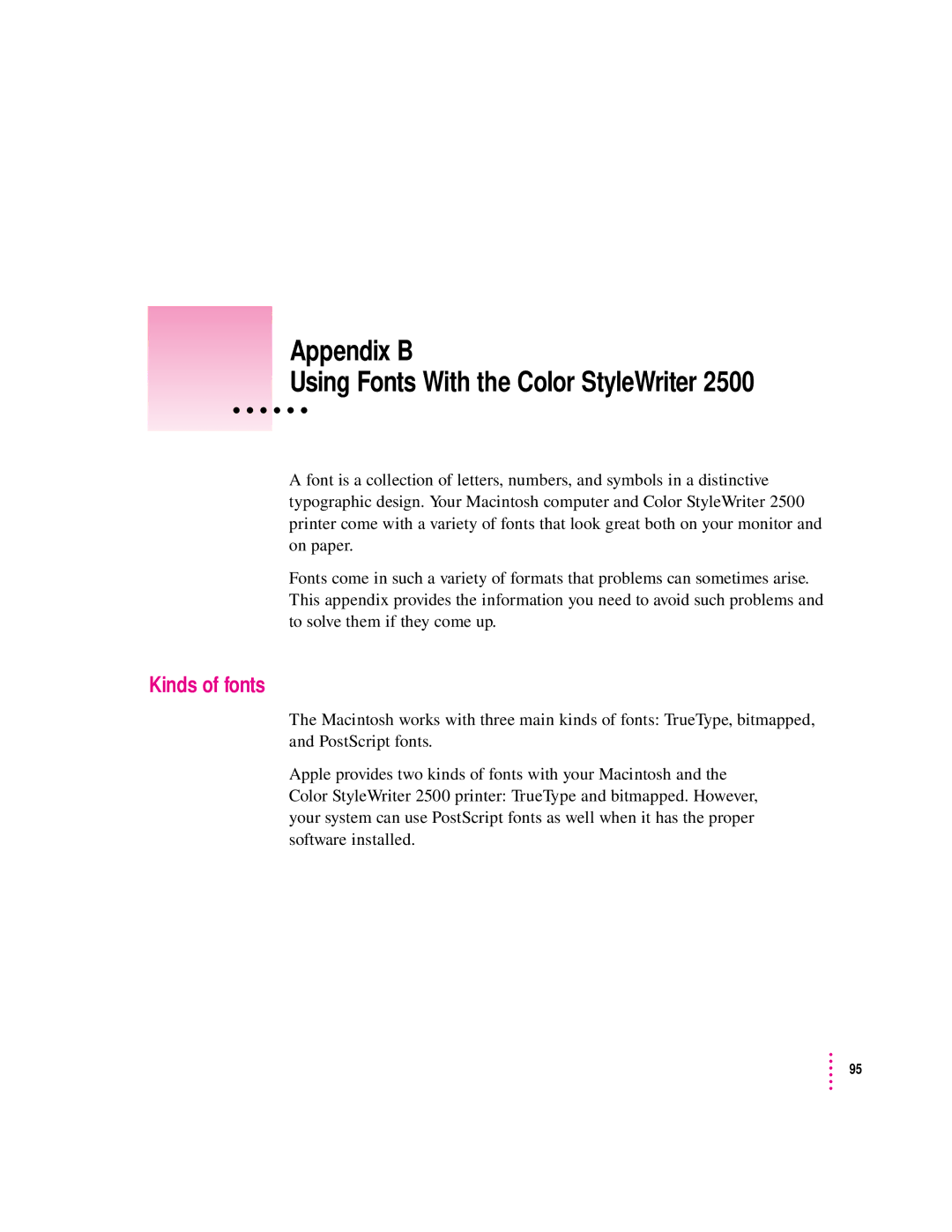 Apple 2500 important safety instructions Appendix B Using Fonts With the Color StyleWriter, Kinds of fonts 