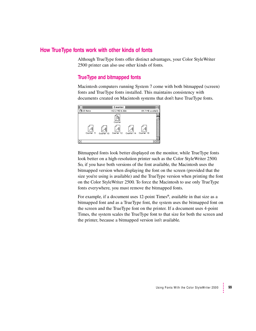 Apple 2500 important safety instructions How TrueType fonts work with other kinds of fonts, TrueType and bitmapped fonts 