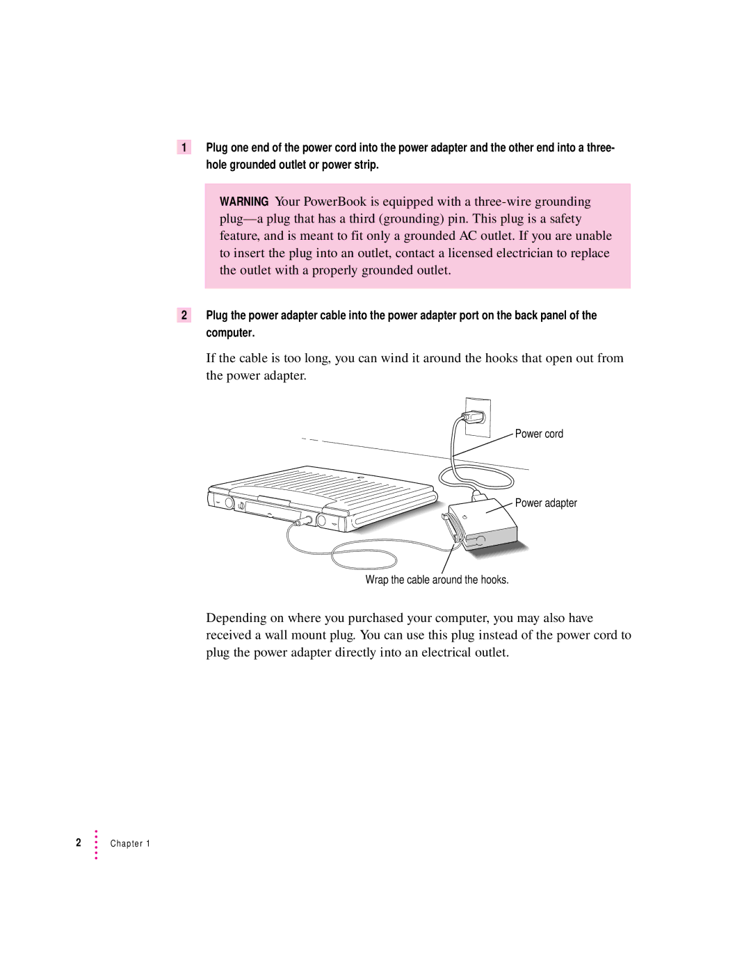 Apple 280C manual Power cord Power adapter Wrap the cable around the hooks 