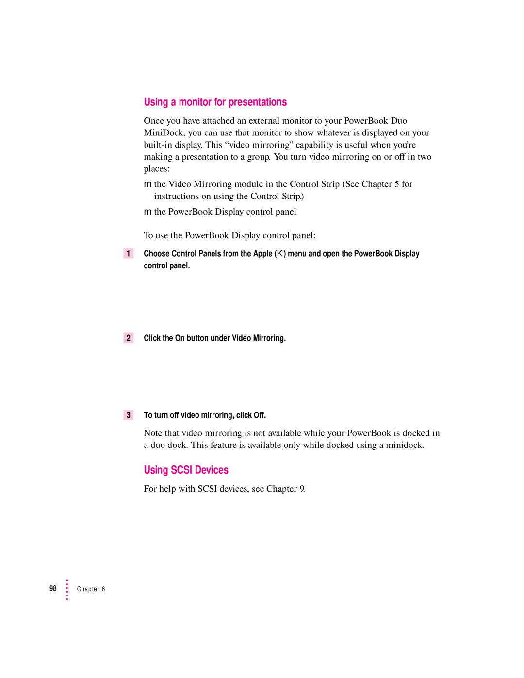 Apple 280C manual Using a monitor for presentations, For help with Scsi devices, see Chapter 