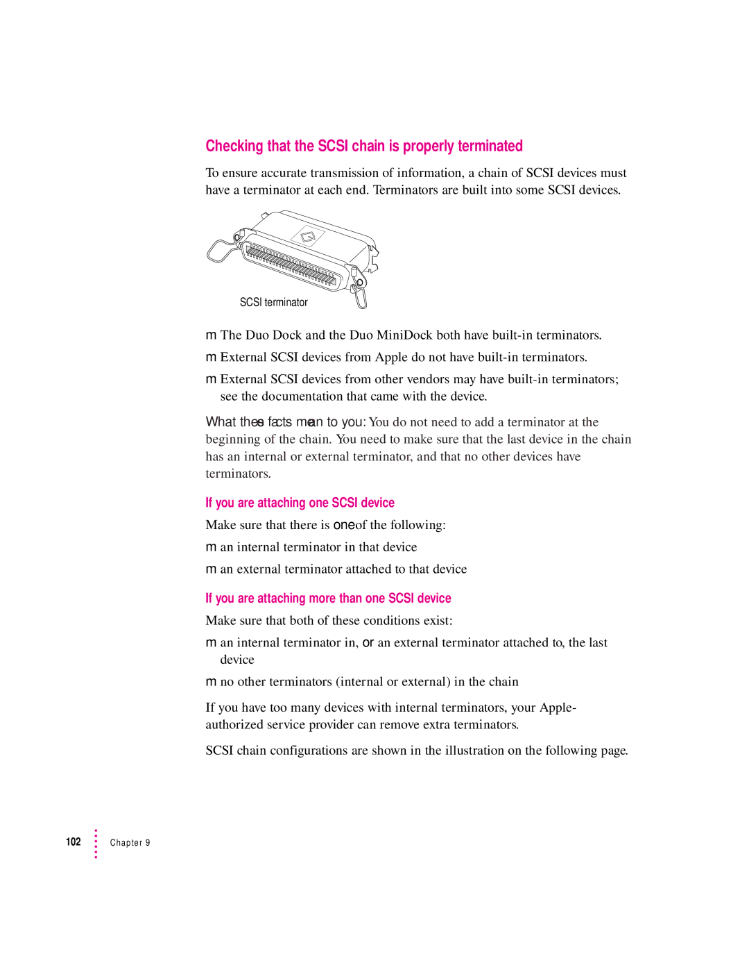 Apple 280C manual Checking that the Scsi chain is properly terminated, If you are attaching one Scsi device 