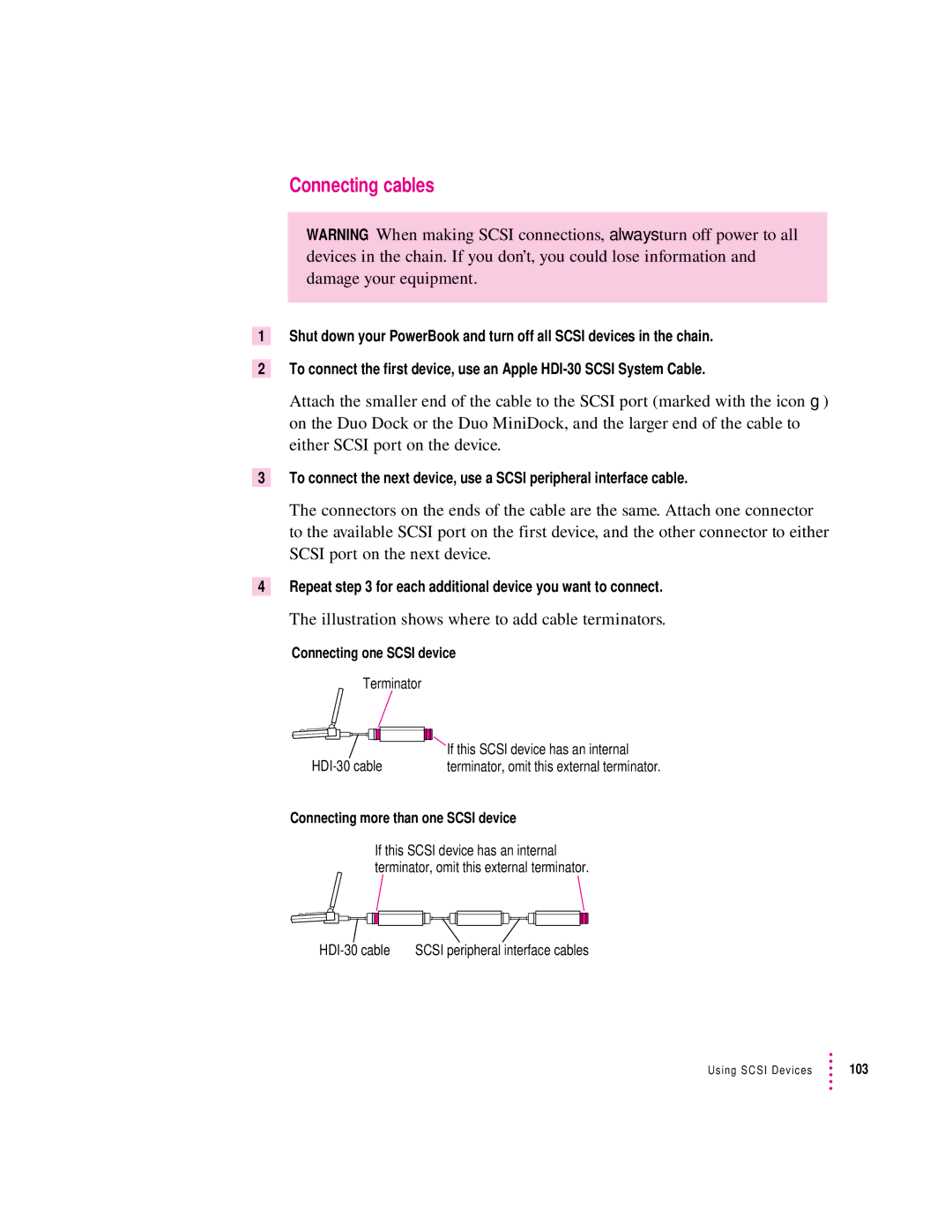 Apple 280C manual Connecting cables, Illustration shows where to add cable terminators 