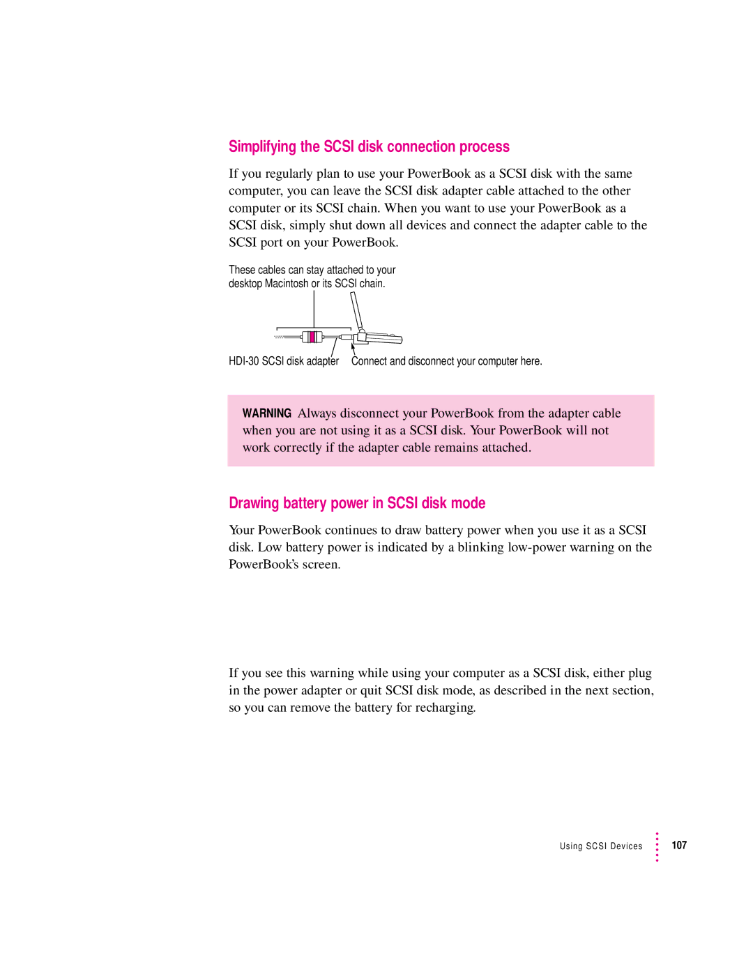 Apple 280C manual Simplifying the Scsi disk connection process, Drawing battery power in Scsi disk mode 