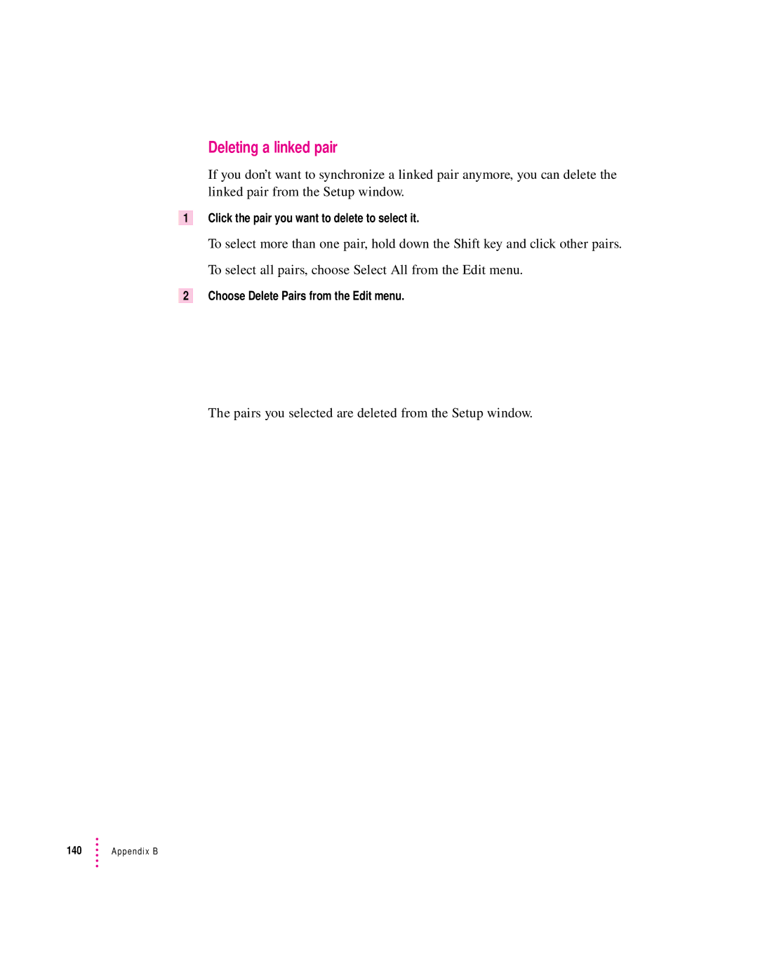 Apple 280C manual Deleting a linked pair, Pairs you selected are deleted from the Setup window 