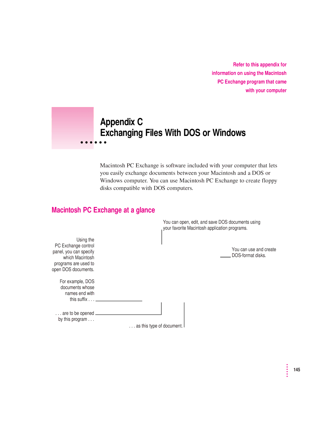 Apple 280C manual Appendix C Exchanging Files With DOS or Windows, Macintosh PC Exchange at a glance 