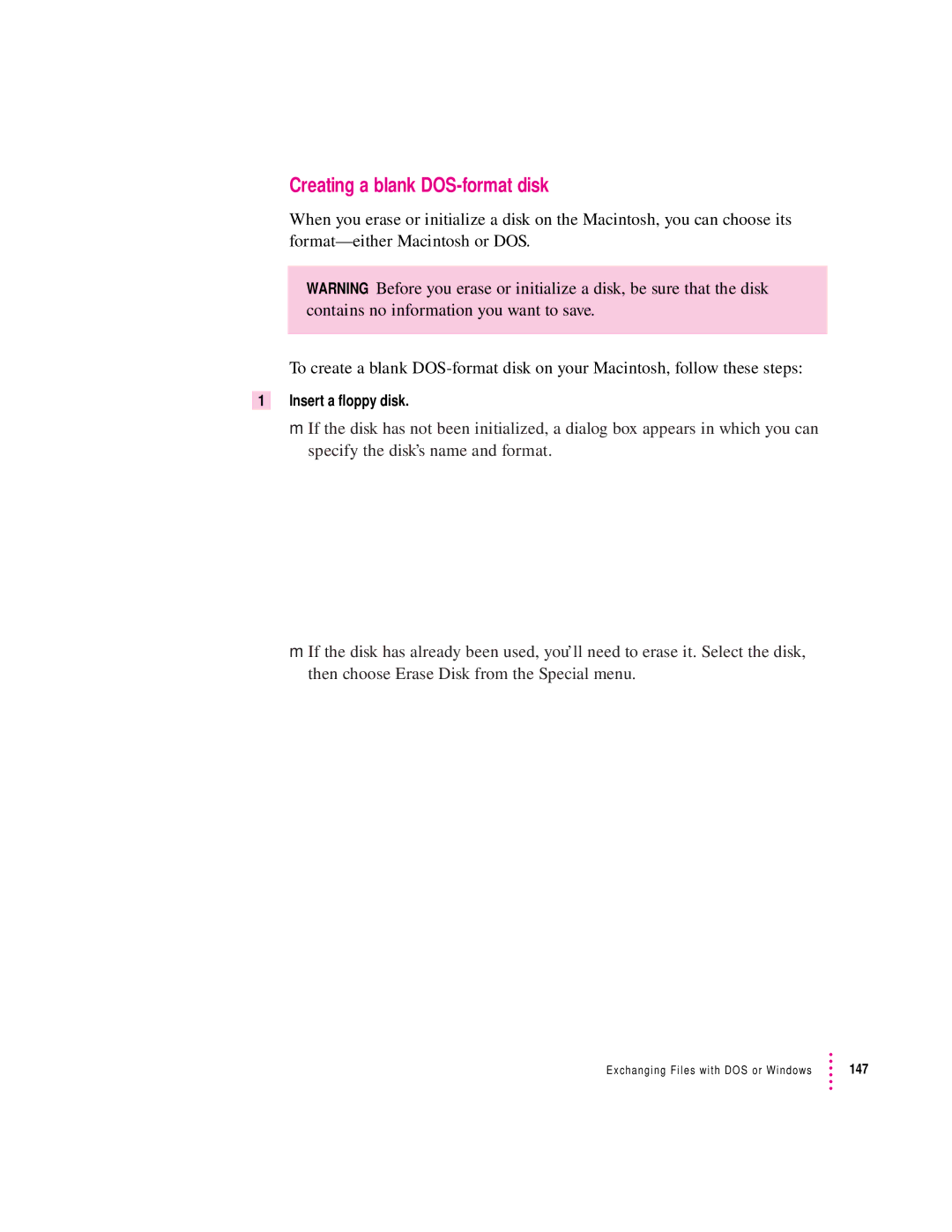 Apple 280C manual Creating a blank DOS-format disk 