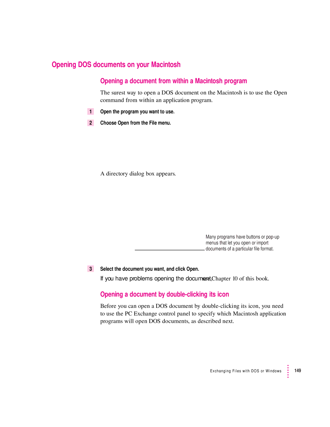 Apple 280C manual Opening DOS documents on your Macintosh, Opening a document from within a Macintosh program 