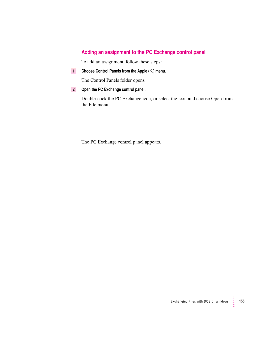 Apple 280C manual Adding an assignment to the PC Exchange control panel, To add an assignment, follow these steps 