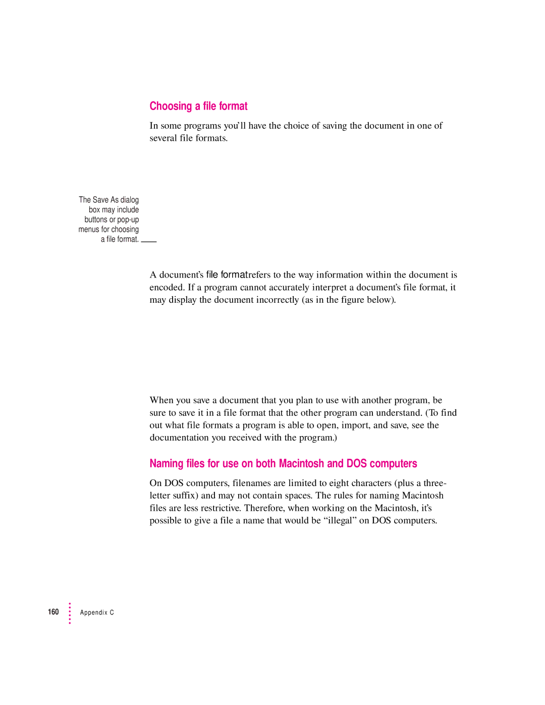 Apple 280C manual Choosing a file format, Naming files for use on both Macintosh and DOS computers 