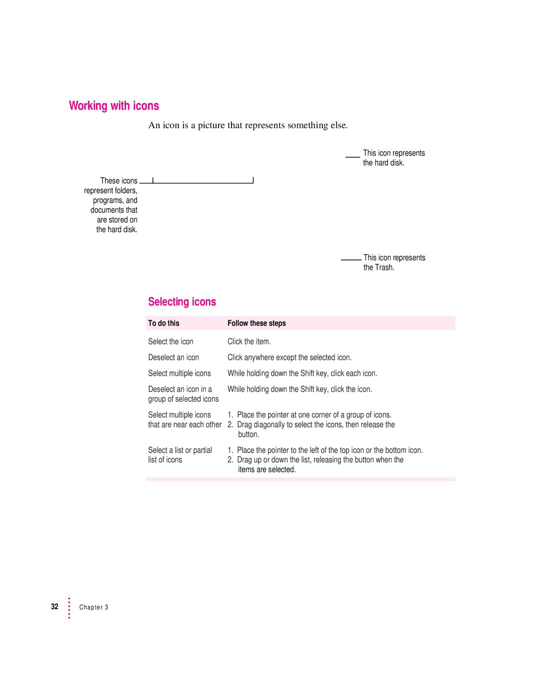 Apple 280C manual Working with icons, An icon is a picture that represents something else, Selecting icons 