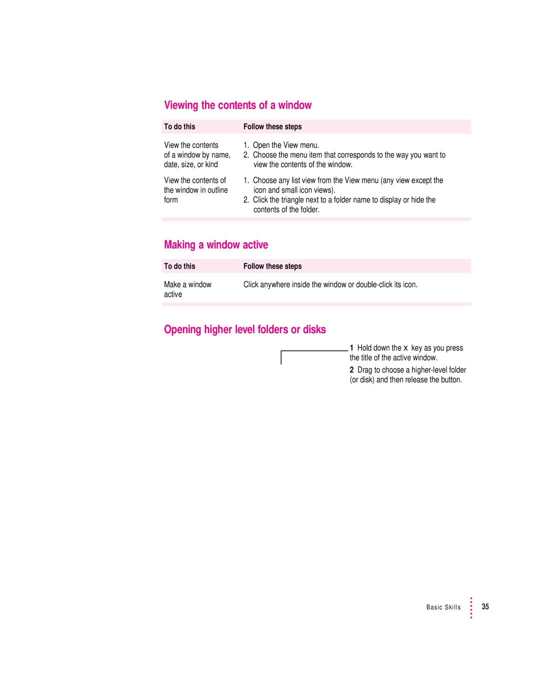 Apple 280C manual Viewing the contents of a window, Making a window active, Opening higher level folders or disks 