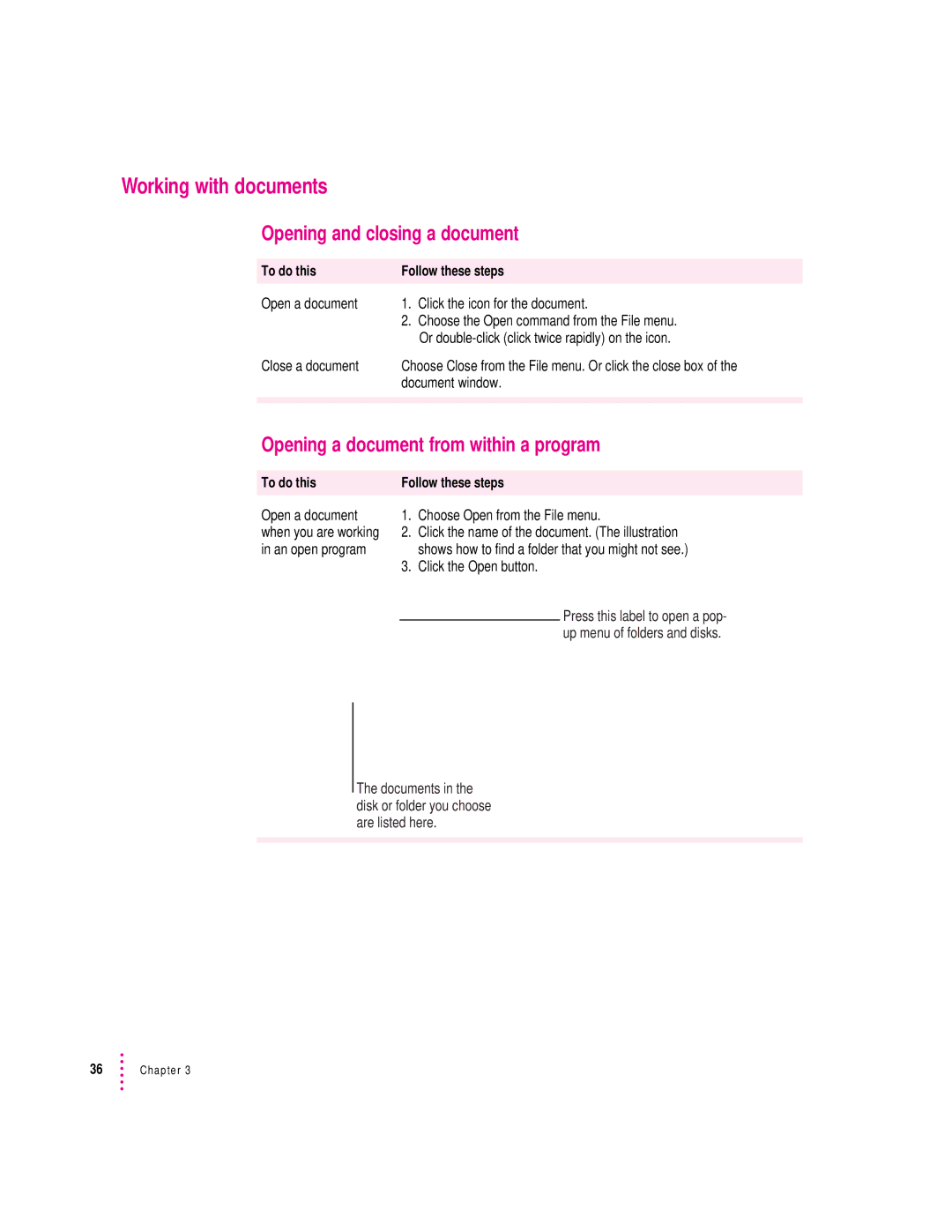 Apple 280C manual Working with documents, Opening and closing a document, Opening a document from within a program 