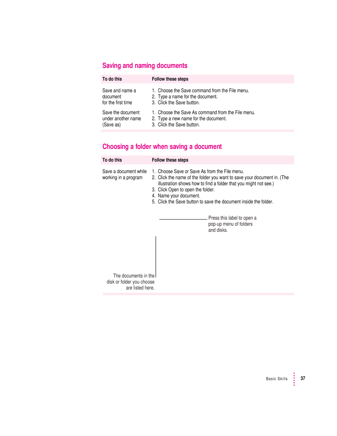 Apple 280C manual Saving and naming documents, Choosing a folder when saving a document 