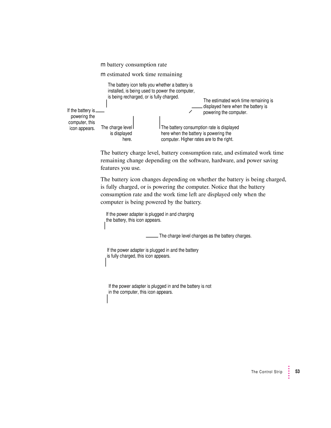 Apple 280C manual Battery consumption rate Estimated work time remaining, Is being recharged, or is fully charged 