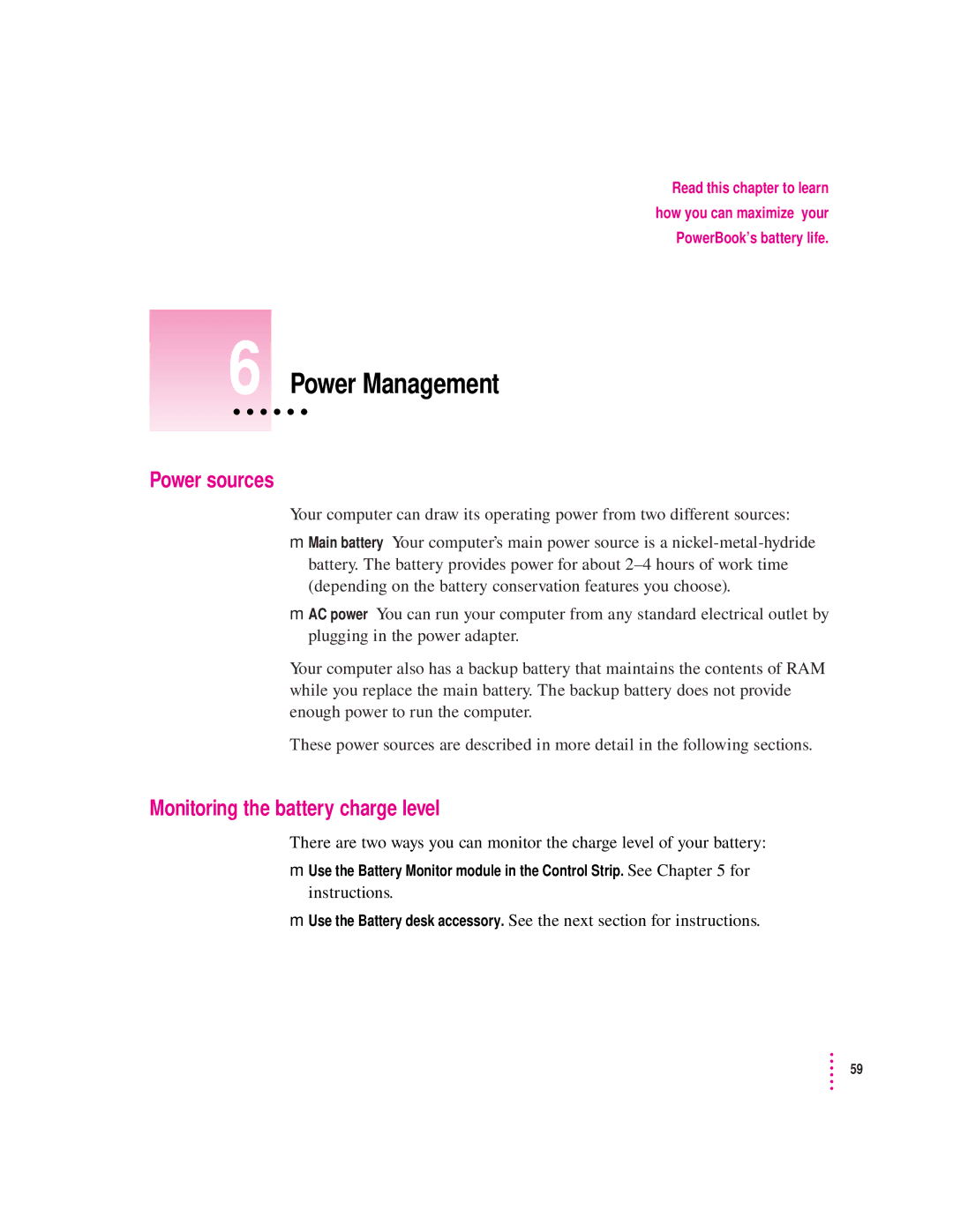 Apple 280C manual Power Management, Power sources, Monitoring the battery charge level 