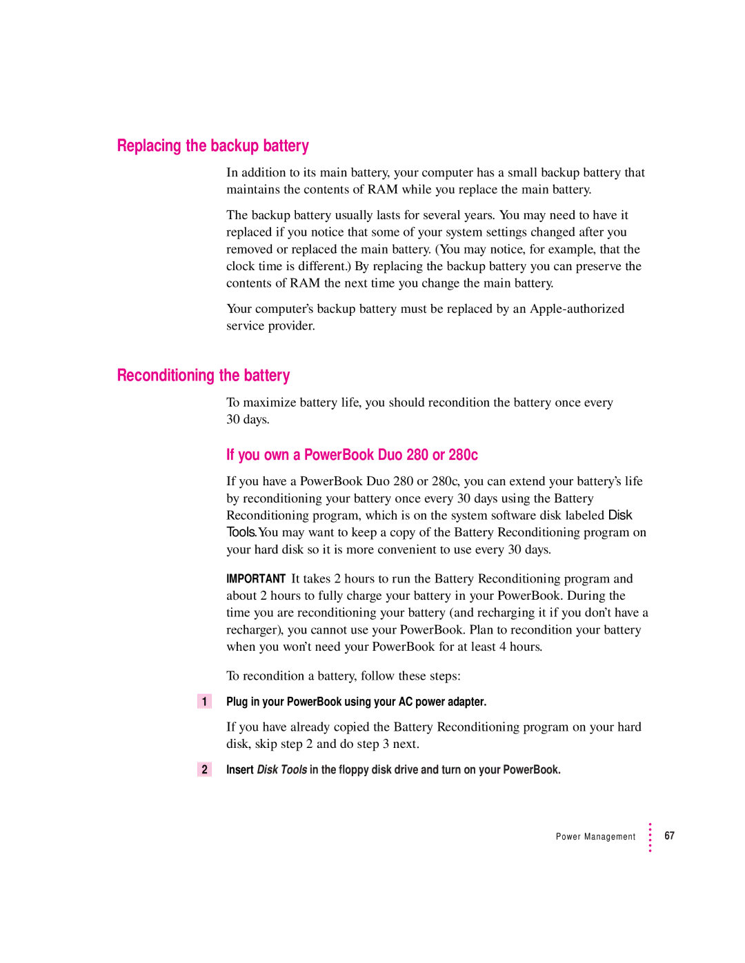 Apple 280C manual Replacing the backup battery, Reconditioning the battery, If you own a PowerBook Duo 280 or 280c 
