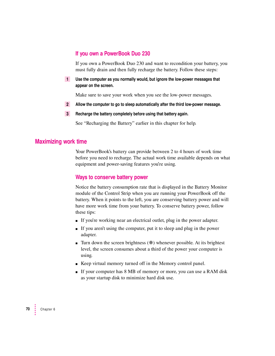 Apple 280C manual Maximizing work time, If you own a PowerBook Duo, Ways to conserve battery power 