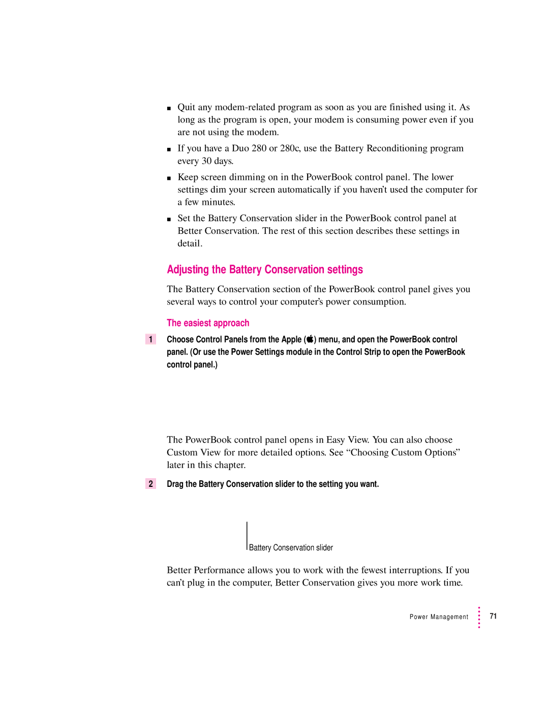 Apple 280C manual Adjusting the Battery Conservation settings, Easiest approach 