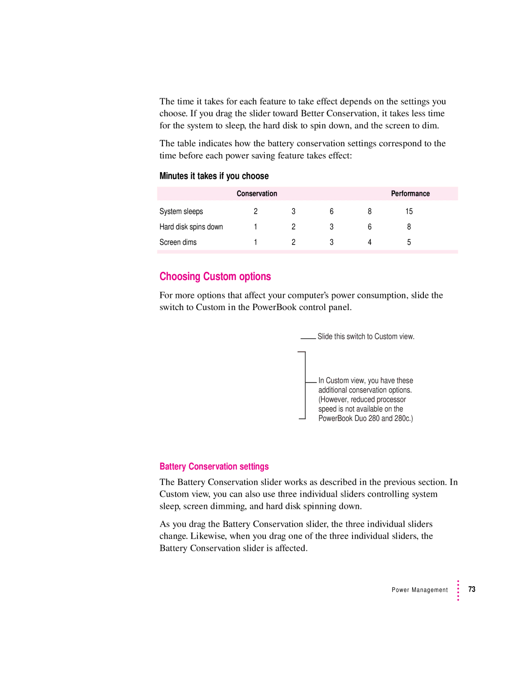 Apple 280C manual Choosing Custom options, Battery Conservation settings 