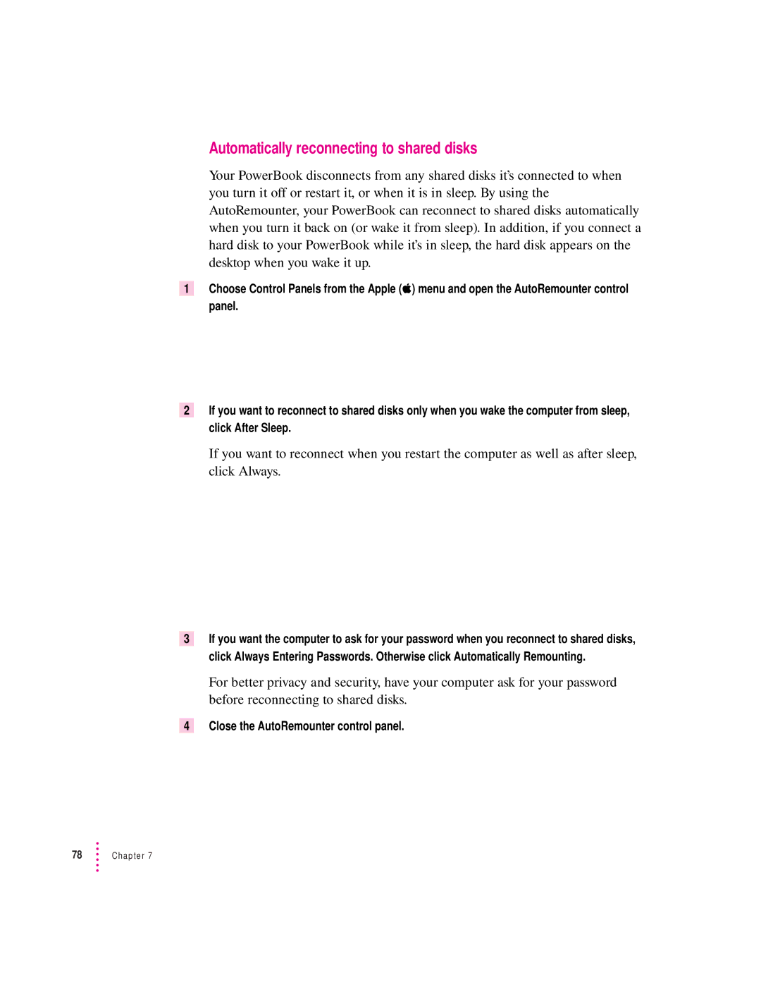 Apple 280C manual Automatically reconnecting to shared disks 