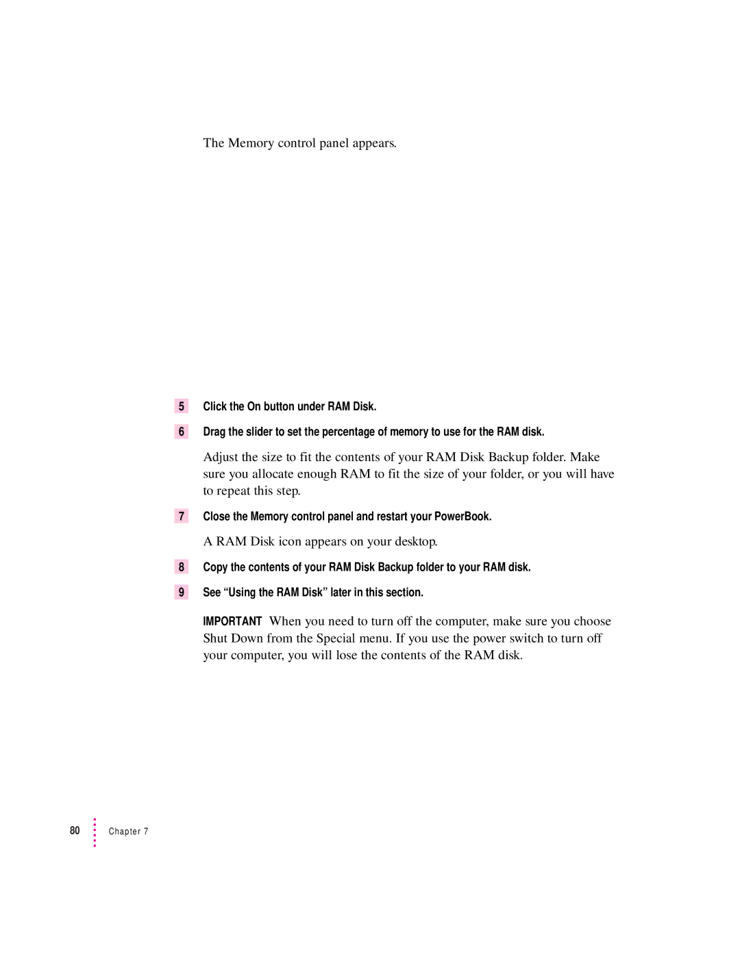 Apple 280C manual Memory control panel appears, RAM Disk icon appears on your desktop 