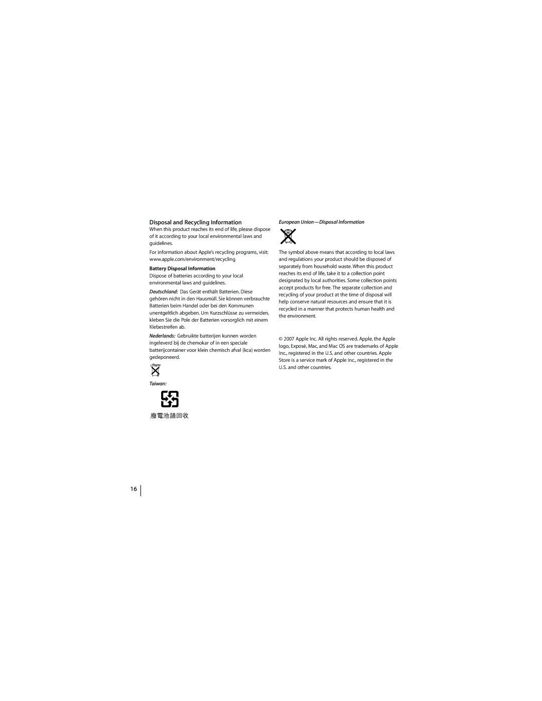 Apple 2A034-4320-A manual Disposal and Recycling Information 