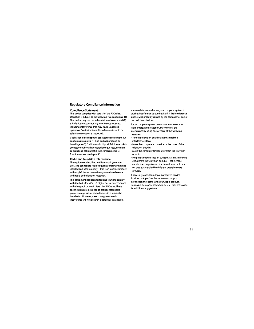 Apple 2A034-4760-A manual Regulatory Compliance Information, Compliance Statement, Radio and Television Interference 