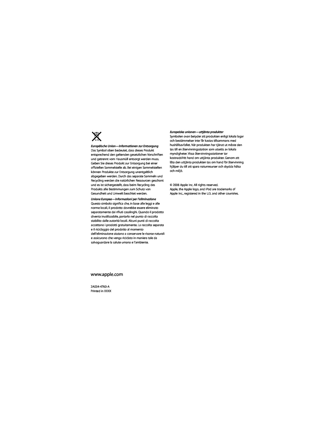 Apple 2A034-4760-A manual Europäische Union-Informationen zur Entsorgung, Unione Europea-informazioni per l’eliminazione 